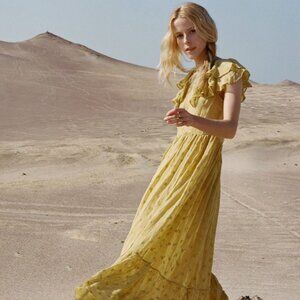 Dôen Flora yellow maxi dress in ginger with matching slip